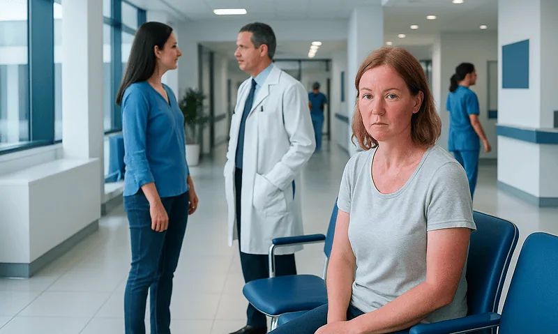 Patient waiting in hospital corridor with medical staff nearby.