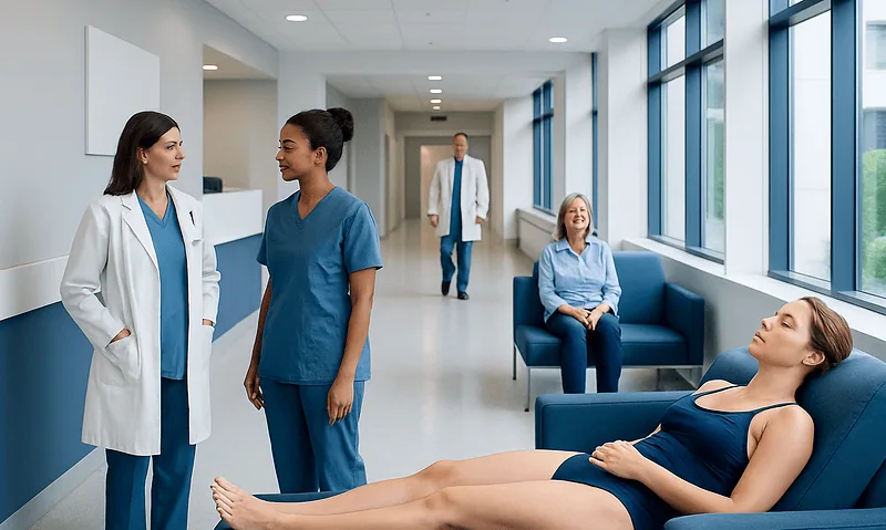 Medical professionals and patients in a hospital corridor.