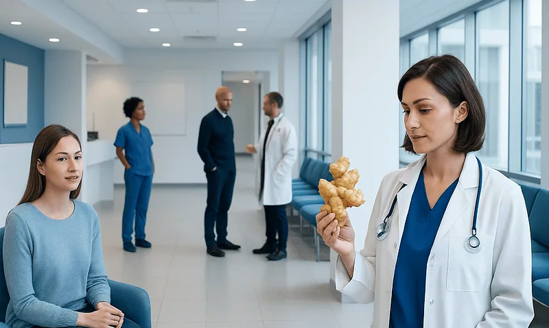 Medical professionals and patient in a modern hospital corridor.