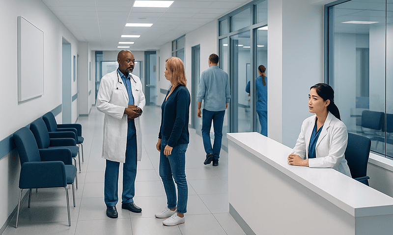 Medical professionals consulting in a modern hospital corridor.