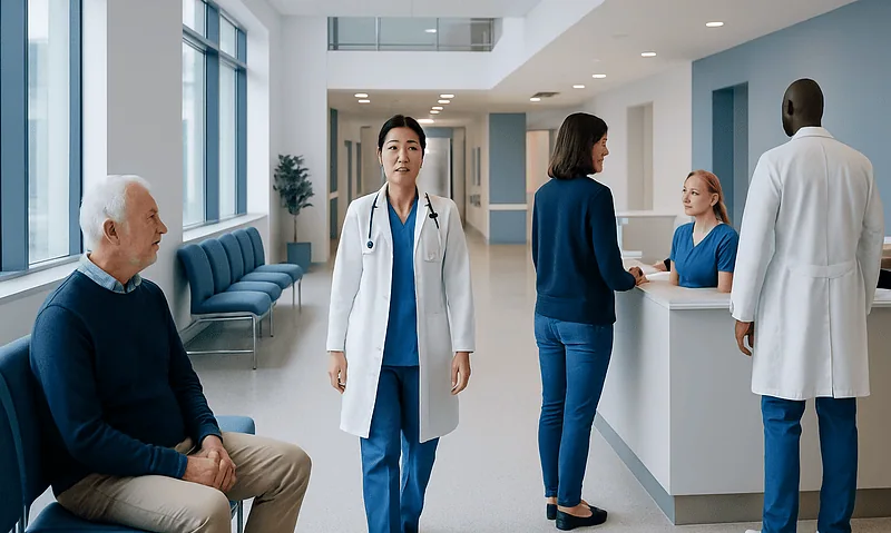Healthcare professionals and patient in a modern hospital waiting area.