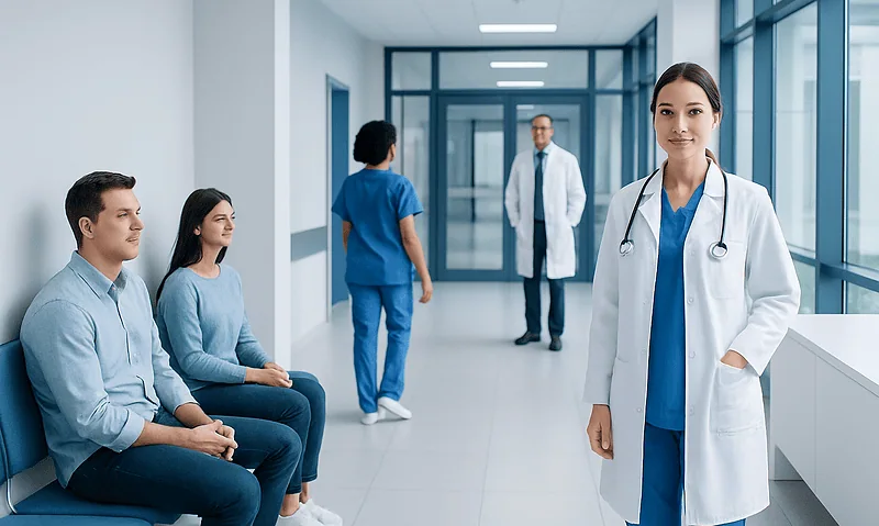 Healthcare professionals and patients in a modern hospital corridor.