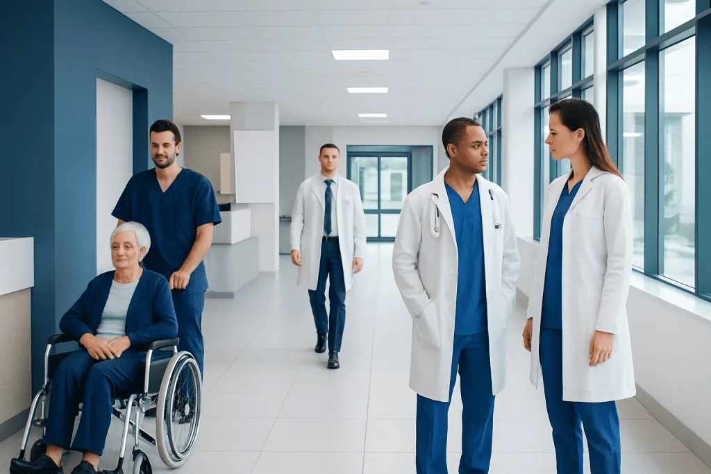 Superiority: What Patients Need to Know 1 Healthcare professionals and a patient in a modern hospital corridor.