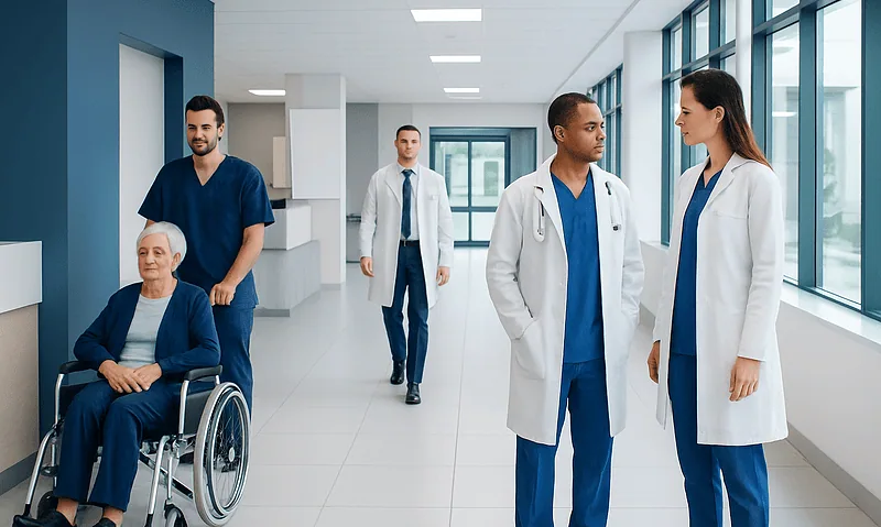 Healthcare professionals and a patient in a modern hospital corridor.