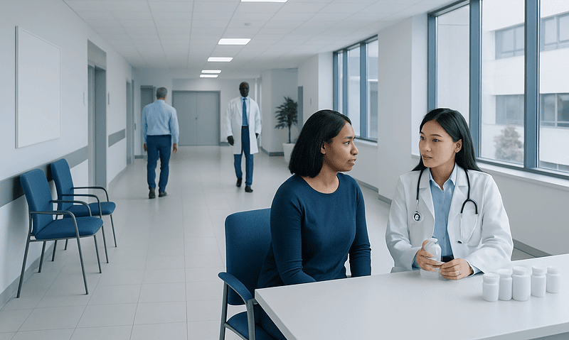 Doctor consulting with a patient in a hospital corridor.