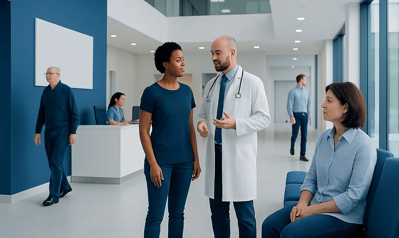 Doctor consulting with female patient in hospital lobby.