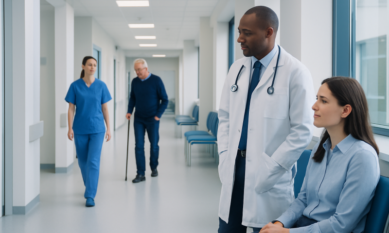 Medical professionals and a patient in a hospital corridor.
