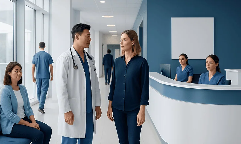 Medical professionals and staff in a hospital corridor at Acibadem Hospitals Group.