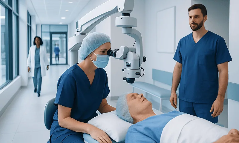 Ophthalmologist performing cataract surgery with advanced equipment.