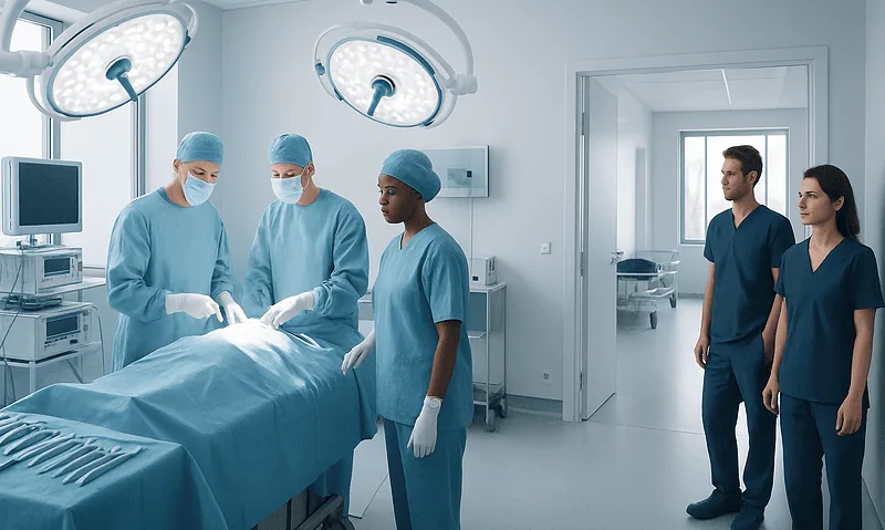 Medical team performing surgery in a modern operating room.