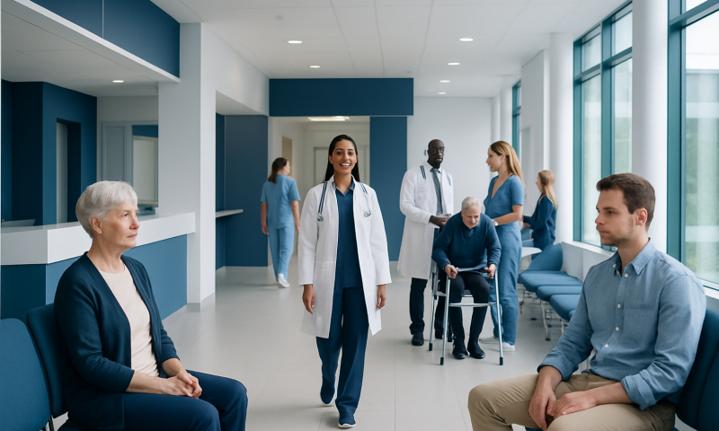 Diverse group of patients and healthcare professionals in a modern hospital corridor.