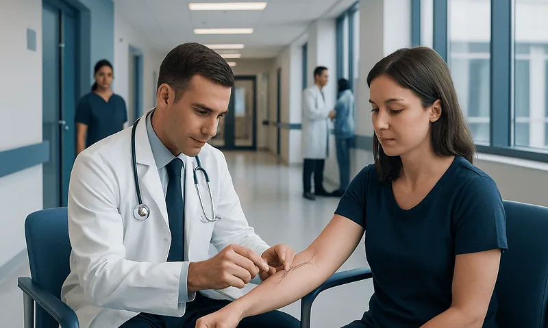 Doctor checking patient's arm in hospital corridor.