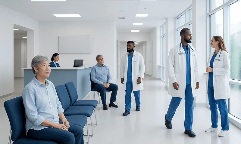 Medical professionals and patients in a modern hospital corridor.