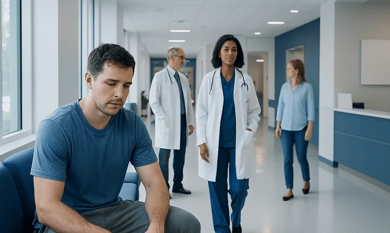Patient waiting in hospital corridor with medical staff nearby.