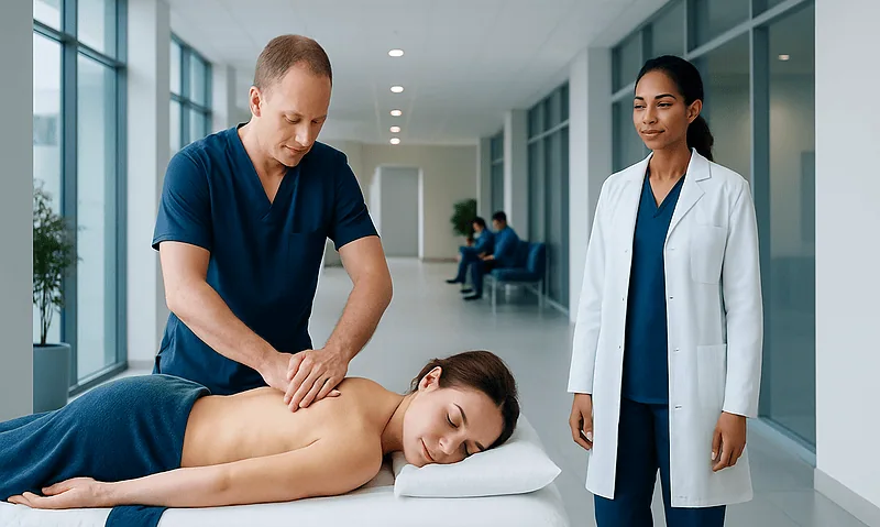 Therapist performing massage therapy on a woman in a modern clinic.