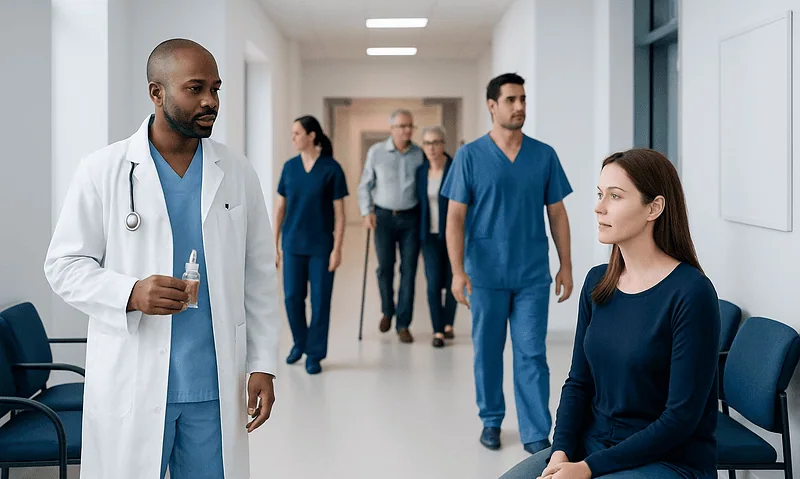 Medical team in hospital corridor preparing for patient care.