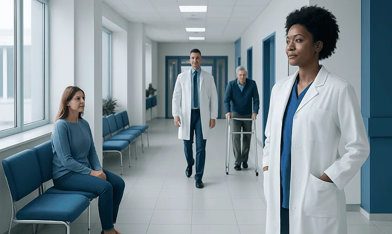 Healthcare professionals and patient in hospital corridor at Acibadem Hospitals Group.