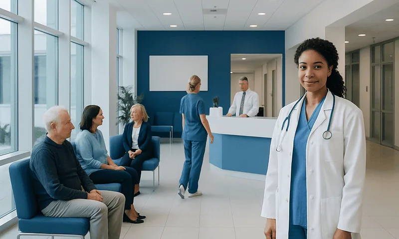 Healthcare professionals and patients in a modern hospital waiting area.