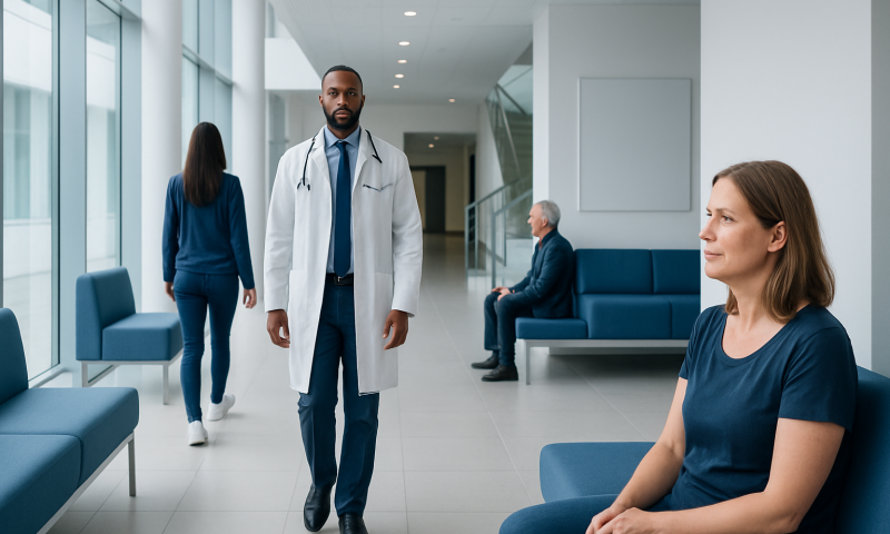 Medical professional walking in hospital corridor with patient seated nearby.