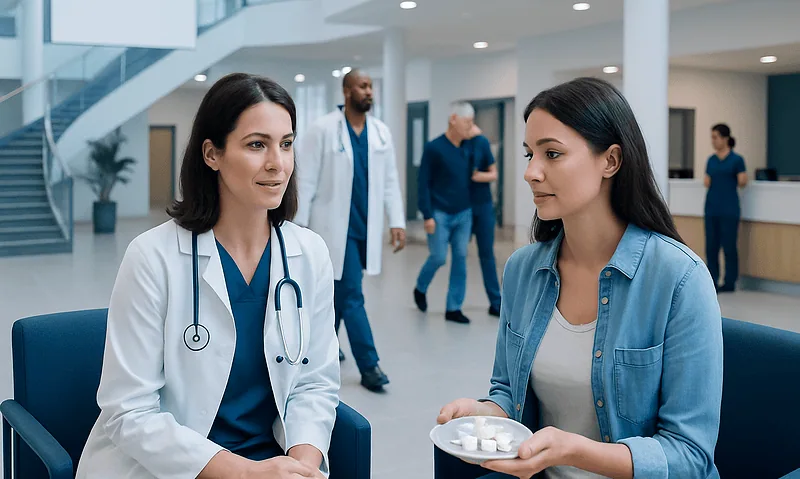 Doctor consulting with a patient in a hospital lobby.
