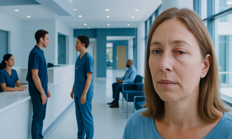 Patient with eye swelling in a hospital corridor at Acibadem Hospitals Group.