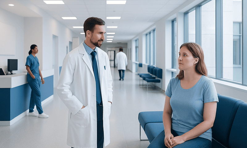 Doctor consulting a patient in a modern hospital corridor.