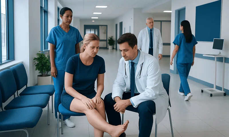 Swelling on top of foot: Common Causes, Warning Signs, and When to Worry 5 Doctor examining patient's swollen foot in hospital corridor.