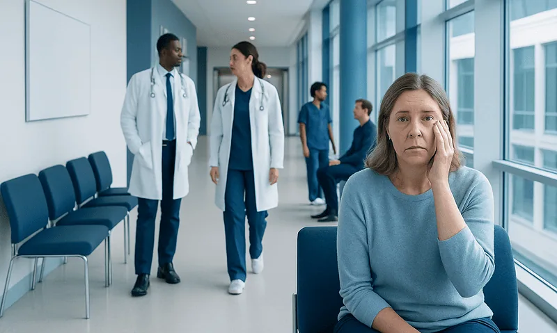 Patient with swollen eyes in a hospital corridor with medical staff.