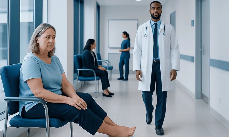 Doctor consulting a patient with swollen feet in hospital corridor.