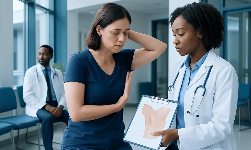 Woman with swollen lymph node in armpit consulting doctor in hospital.