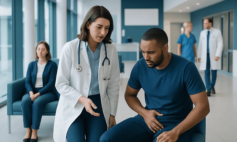 Doctor examining a patient with groin swelling in a hospital corridor.