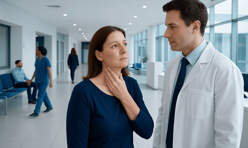 Doctor examining a woman's neck in a hospital corridor.