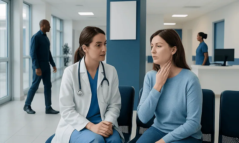 How to treat swollen lymph nodes in neck naturally: Common Causes, Warning Signs, and When to Worry 3 Doctor consulting a patient about swollen lymph nodes in the neck at a hospital.