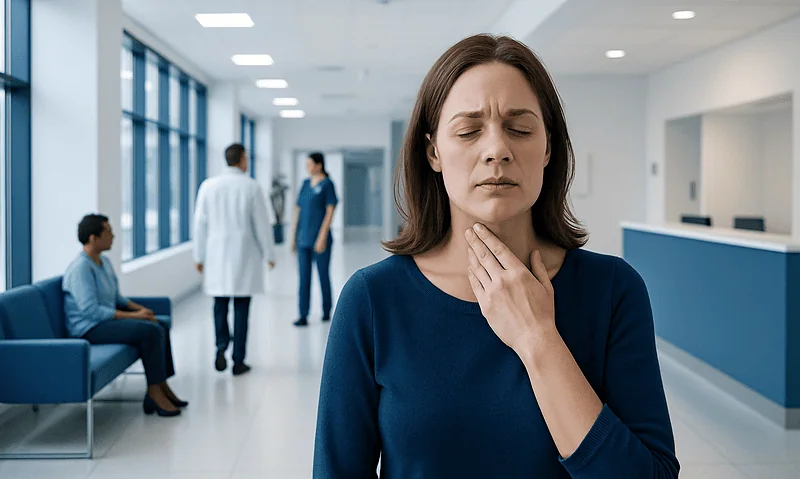 Woman with sore throat in hospital corridor, seeking medical help.