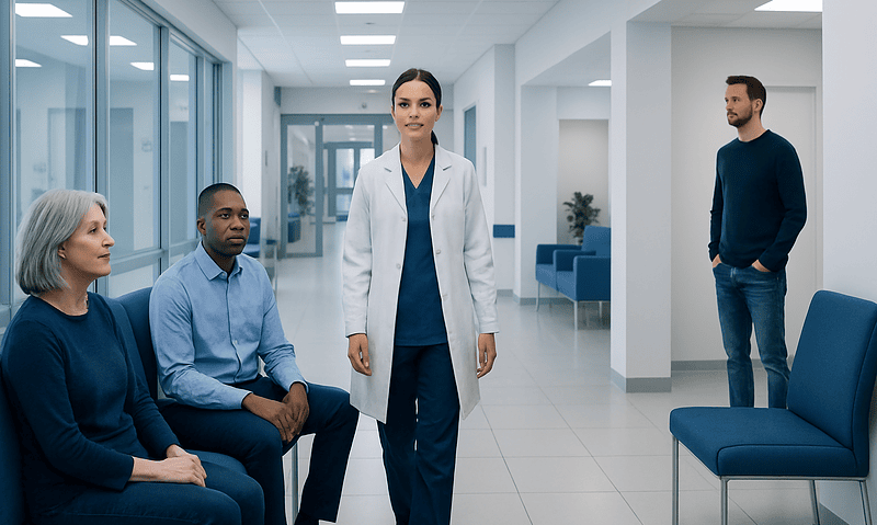 Healthcare professionals and patients in a modern hospital corridor.