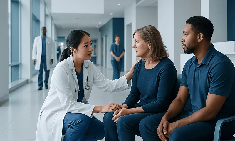 Doctor consulting with a patient in a hospital corridor.