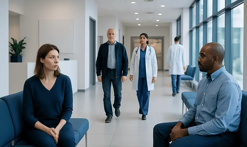 Patients waiting and consulting with doctors at Acibadem Hospital.