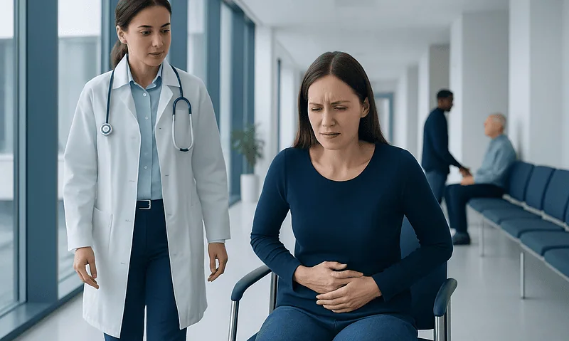 Patient experiencing abdominal pain in hospital corridor with doctor nearby.