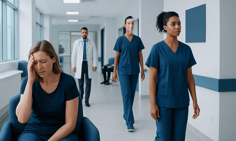 Concerned woman with healthcare staff in hospital corridor.