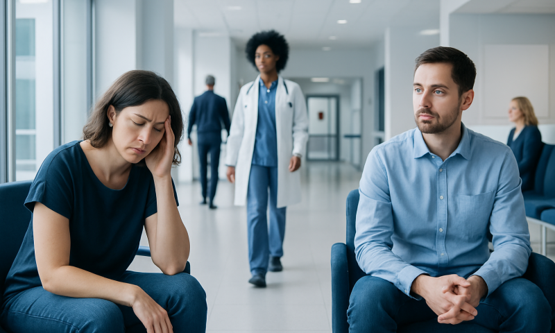 Patient experiencing discomfort during a medical consultation at Acibadem Hospital.