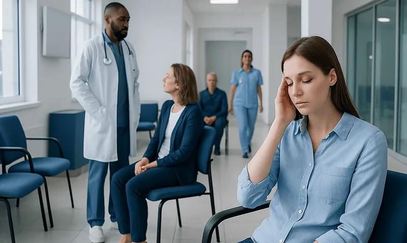 Patient experiencing symptoms of iron deficiency in a hospital waiting area.