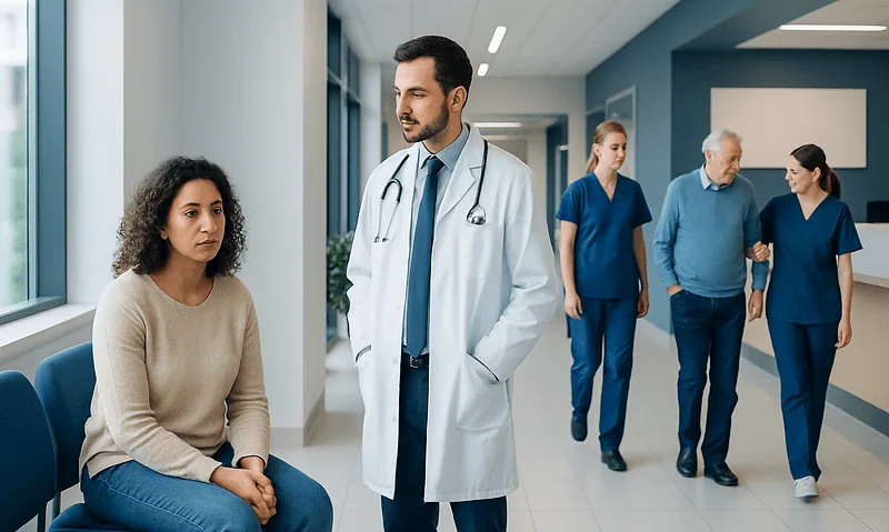 Doctor consulting a patient in a hospital corridor at Acibadem Hospitals Group.