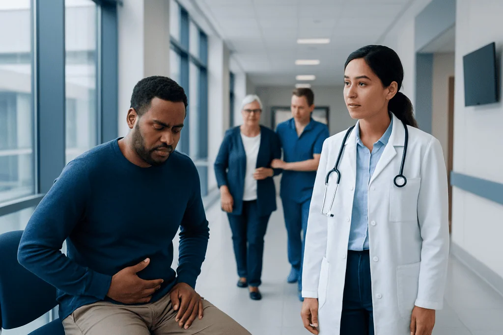 Symptoms of Kidney Failure: Possible Causes and When to Seek Care 1 Patient experiencing abdominal pain in hospital corridor with medical staff nearby.
