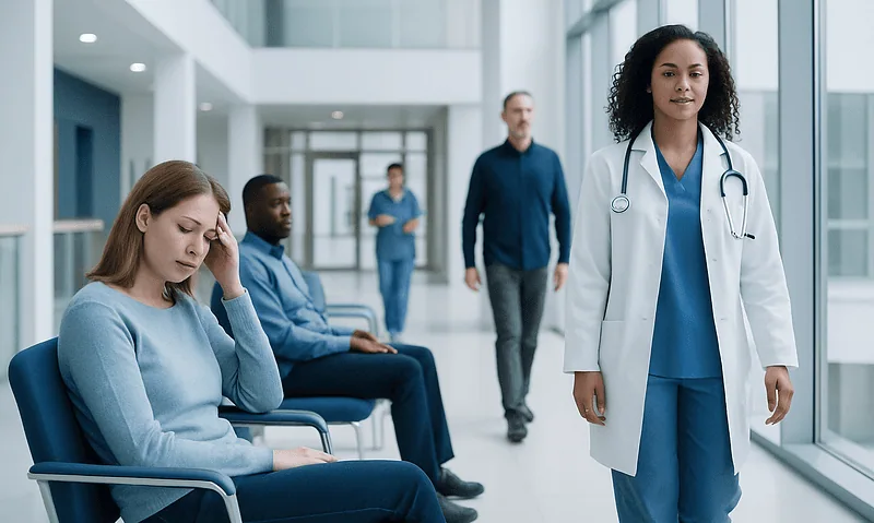 Medical professionals and patients in a hospital waiting area.