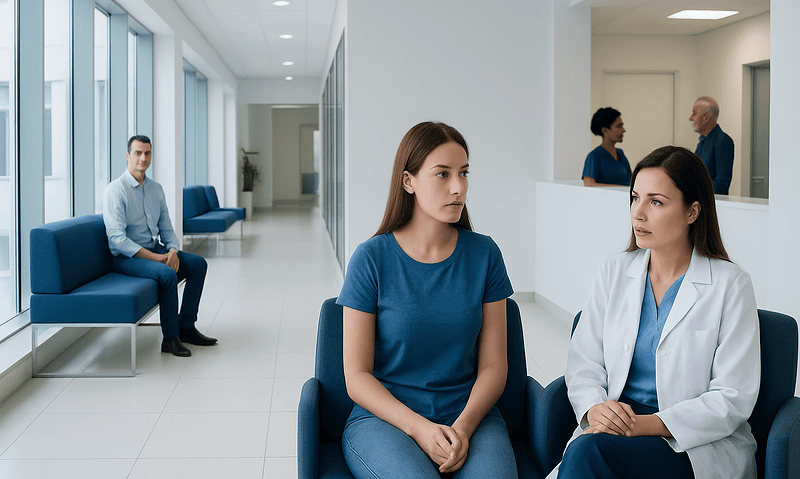 Medical consultation in a modern hospital waiting area with patients and staff.