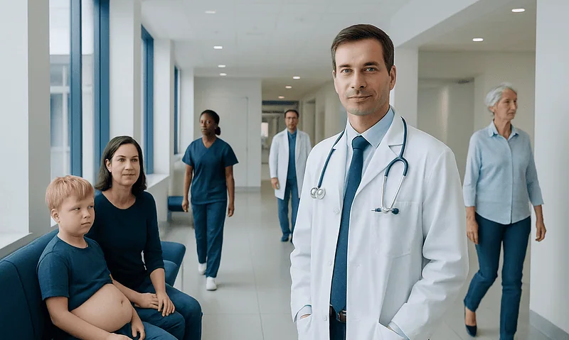 Doctor with children in hospital corridor, medical staff in background.
