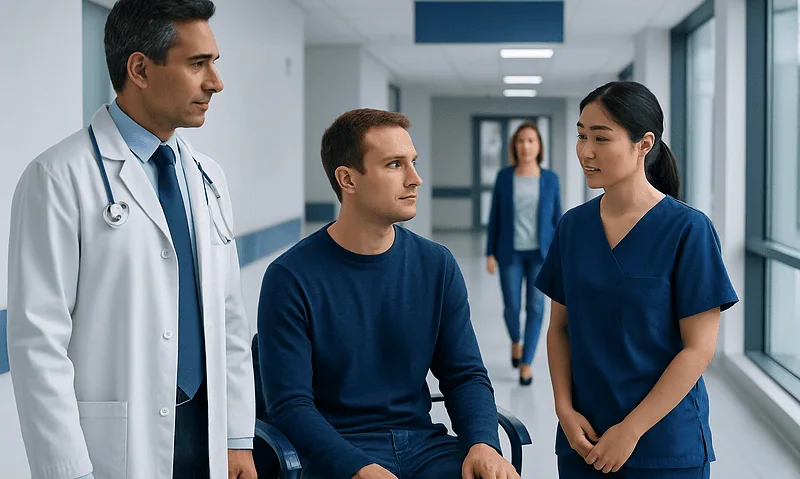 Medical consultation in hospital corridor with doctor and nurse.