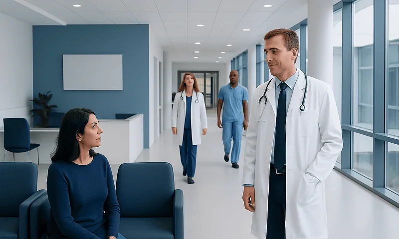 Doctor talking to a patient in a hospital corridor with medical staff in the background.