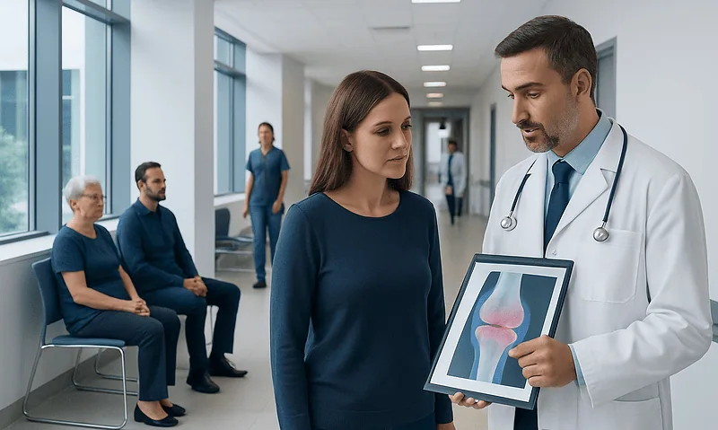 Doctor explaining knee joint health to a patient in a hospital corridor.