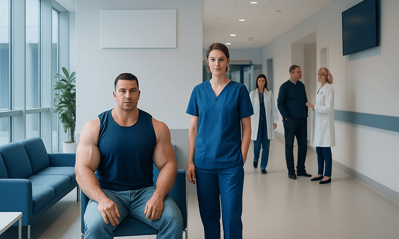 Patient and nurse in hospital corridor at Acibadem Hospitals Group.